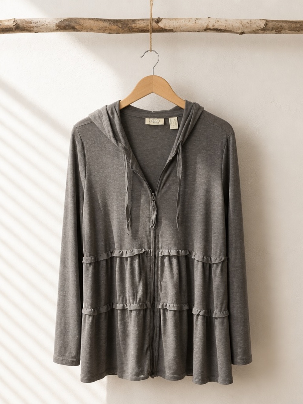 LOGO Lounge Women M Hooded Zip-Front tiered Ruffle Tunic - Gray - Picture 2 of 6